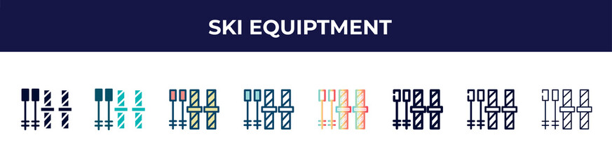Fototapeta premium ski equiptment icon in 8 styles. line, filled, glyph, thin outline, colorful, stroke and gradient styles, ski equiptment vector sign. symbol, logo illustration. different style icons set.