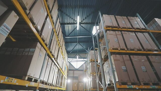 Modern warehouse at the factory. Large modern warehouse. Warehouse with boxes