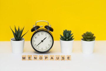 Concept. The inscription from the letters menopause. Symptoms of Menopause Harmonious changes in women older than 40 years.