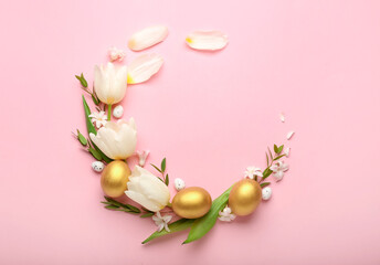 Stylish wreath with golden Easter eggs and tulip flowers on pink background