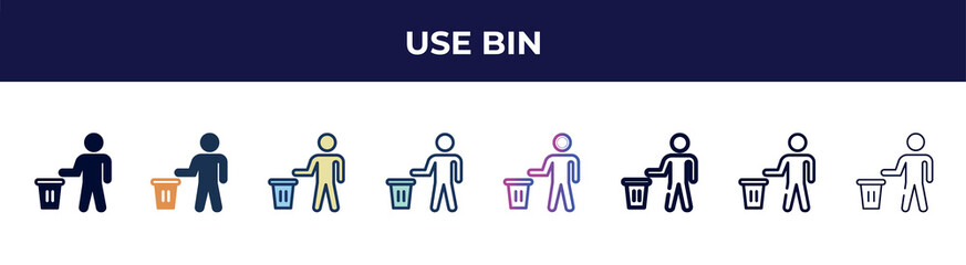 use bin icon in 8 styles. line, filled, glyph, thin outline, colorful, stroke and gradient styles, use bin vector sign. symbol, logo illustration. different style icons set.