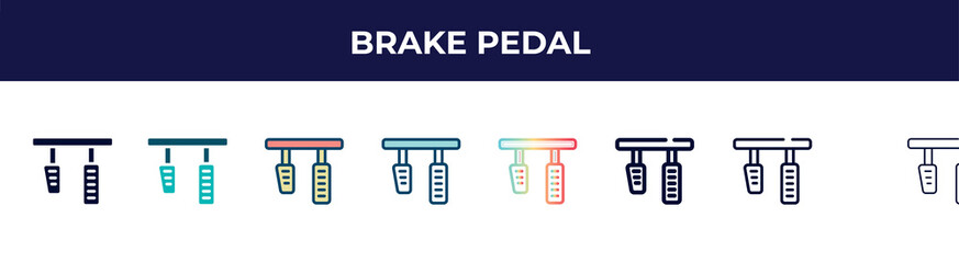brake pedal icon in 8 styles. line, filled, glyph, thin outline, colorful, stroke and gradient styles, brake pedal vector sign. symbol, logo illustration. different style icons set.