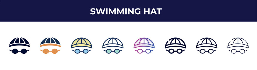 swimming hat icon in 8 styles. line, filled, glyph, thin outline, colorful, stroke and gradient styles, swimming hat vector sign. symbol, logo illustration. different style icons set.