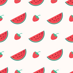 Pattern of watermelon and strawberry slices on a light background