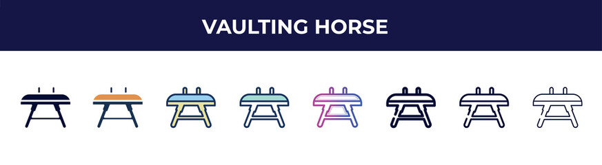 vaulting horse icon in 8 styles. line, filled, glyph, thin outline, colorful, stroke and gradient styles, vaulting horse vector sign. symbol, logo illustration. different style icons set.