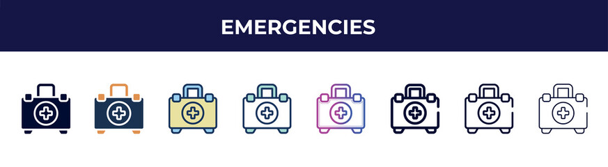 emergencies icon in 8 styles. line, filled, glyph, thin outline, colorful, stroke and gradient styles, emergencies vector sign. symbol, logo illustration. different style icons set.