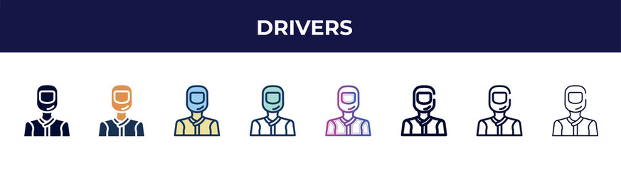 drivers icon in 8 styles. line, filled, glyph, thin outline, colorful, stroke and gradient styles, drivers vector sign. symbol, logo illustration. different style icons set.