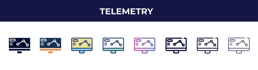 telemetry icon in 8 styles. line, filled, glyph, thin outline, colorful, stroke and gradient styles, telemetry vector sign. symbol, logo illustration. different style icons set. - obrazy, fototapety, plakaty