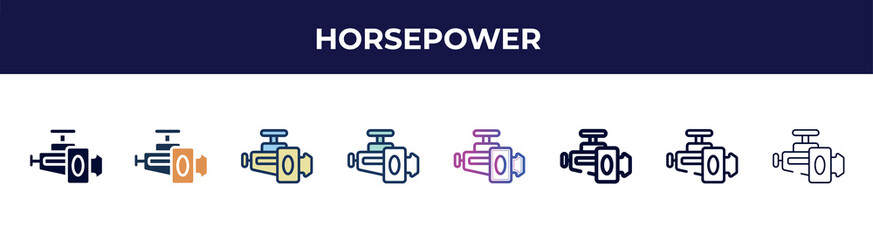 horsepower icon in 8 styles. line, filled, glyph, thin outline, colorful, stroke and gradient styles, horsepower vector sign. symbol, logo illustration. different style icons set.