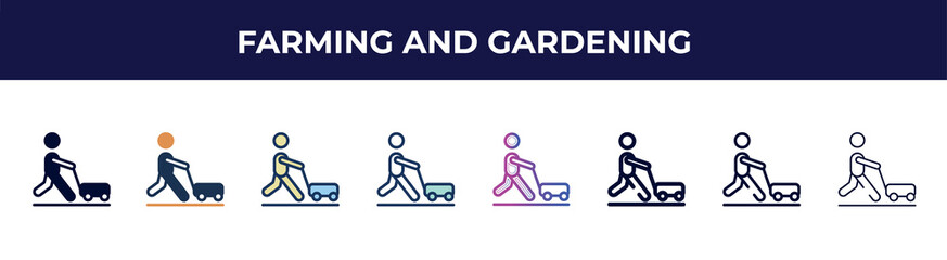 farming and gardening icon in 8 styles. line, filled, glyph, thin outline, colorful, stroke and gradient styles, farming and gardening vector sign. symbol, logo illustration. different style icons