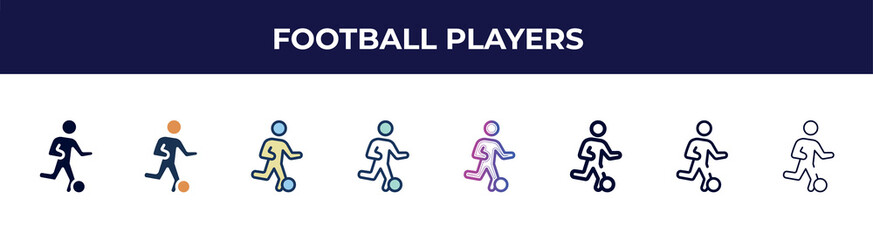 football players icon in 8 styles. line, filled, glyph, thin outline, colorful, stroke and gradient styles, football players vector sign. symbol, logo illustration. different style icons set.