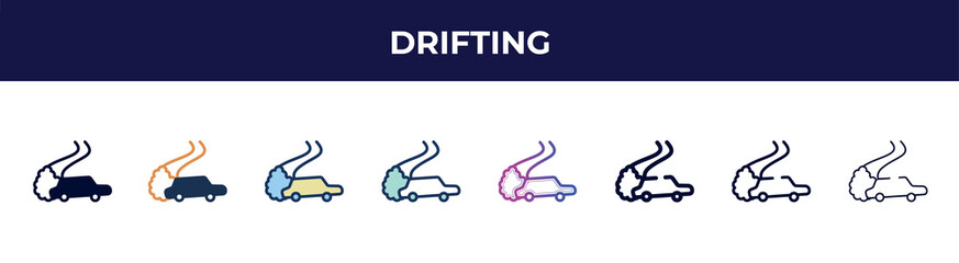 drifting icon in 8 styles. line, filled, glyph, thin outline, colorful, stroke and gradient styles, drifting vector sign. symbol, logo illustration. different style icons set.