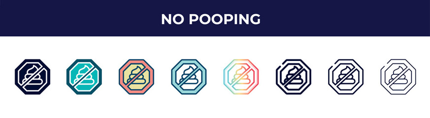 no pooping icon in 8 styles. line, filled, glyph, thin outline, colorful, stroke and gradient styles, no pooping vector sign. symbol, logo illustration. different style icons set.