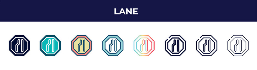 lane icon in 8 styles. line, filled, glyph, thin outline, colorful, stroke and gradient styles, lane vector sign. symbol, logo illustration. different style icons set.