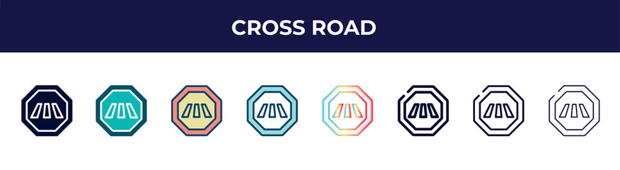 cross road icon in 8 styles. line, filled, glyph, thin outline, colorful, stroke and gradient styles, cross road vector sign. symbol, logo illustration. different style icons set.