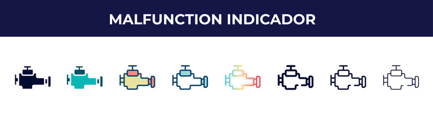 Obraz premium malfunction indicador icon in 8 styles. line, filled, glyph, thin outline, colorful, stroke and gradient styles, malfunction indicador vector sign. symbol, logo illustration. different style icons