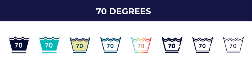 70 degrees icon in 8 styles. line, filled, glyph, thin outline, colorful, stroke and gradient styles, 70 degrees vector sign. symbol, logo illustration. different style icons set.