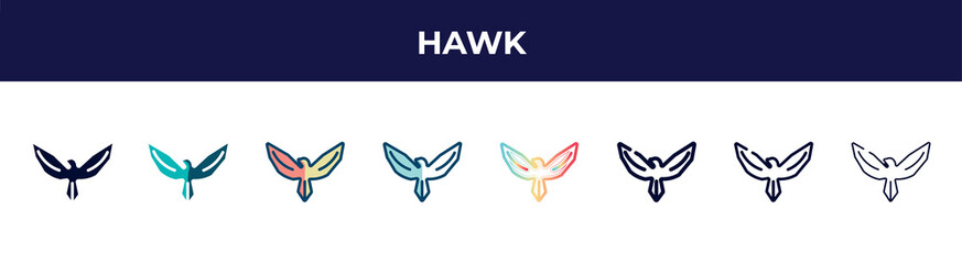 hawk icon in 8 styles. line, filled, glyph, thin outline, colorful, stroke and gradient styles, hawk vector sign. symbol, logo illustration. different style icons set.