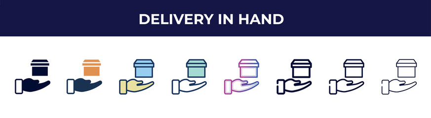 delivery in hand icon in 8 styles. line, filled, glyph, thin outline, colorful, stroke and gradient styles, delivery in hand vector sign. symbol, logo illustration. different style icons set.