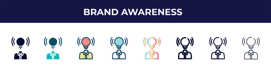 brand awareness icon in 8 styles. line, filled, glyph, thin outline, colorful, stroke and gradient styles, brand awareness vector sign. symbol, logo illustration. different style icons set.