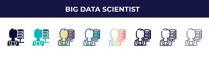 big data scientist icon in 8 styles. line, filled, glyph, thin outline, colorful, stroke and gradient styles, big data scientist vector sign. symbol, logo illustration. different style icons set.
