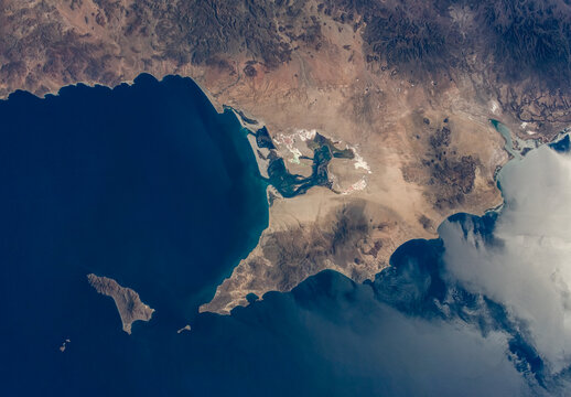 The El Vizcaíno Biosphere Reserve, in Mexico, between the Pacific Ocean and the Gulf of California. Satellite view.