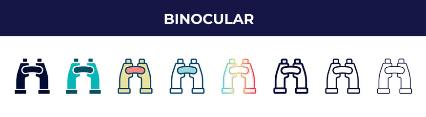 binocular icon in 8 styles. line, filled, glyph, thin outline, colorful, stroke and gradient styles, binocular vector sign. symbol, logo illustration. different style icons set.