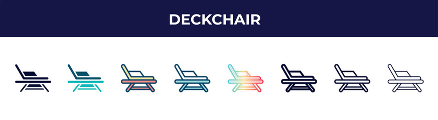 deckchair icon in 8 styles. line, filled, glyph, thin outline, colorful, stroke and gradient styles, deckchair vector sign. symbol, logo illustration. different style icons set.