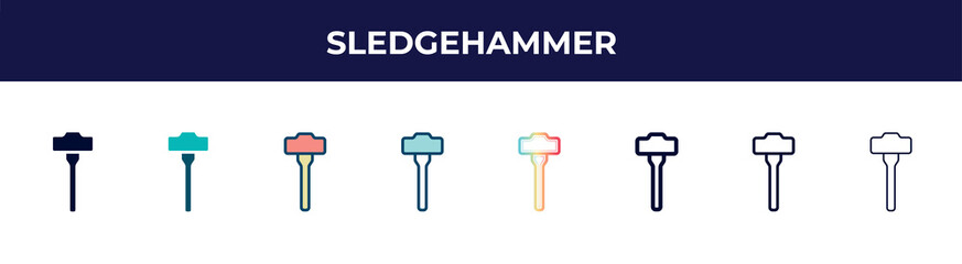 sledgehammer icon in 8 styles. line, filled, glyph, thin outline, colorful, stroke and gradient styles, sledgehammer vector sign. symbol, logo illustration. different style icons set.
