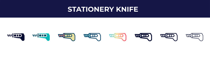 stationery knife icon in 8 styles. line, filled, glyph, thin outline, colorful, stroke and gradient styles, stationery knife vector sign. symbol, logo illustration. different style icons set.