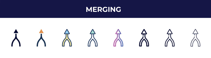 merging icon in 8 styles. line, filled, glyph, thin outline, colorful, stroke and gradient styles, merging vector sign. symbol, logo illustration. different style icons set.