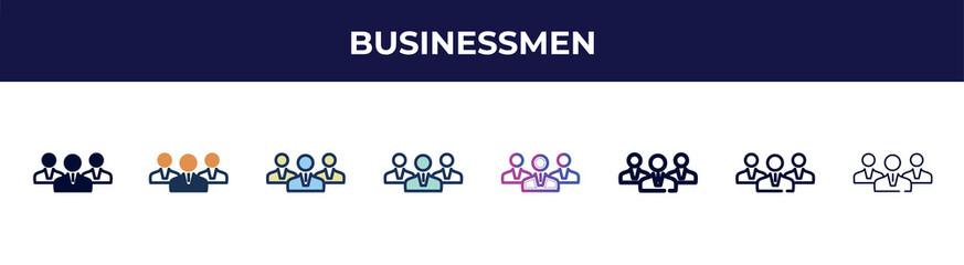 businessmen icon in 8 styles. line, filled, glyph, thin outline, colorful, stroke and gradient styles, businessmen vector sign. symbol, logo illustration. different style icons set.