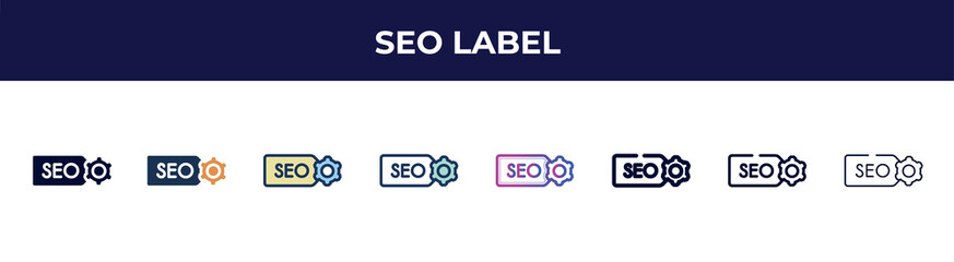seo label icon in 8 styles. line, filled, glyph, thin outline, colorful, stroke and gradient styles, seo label vector sign. symbol, logo illustration. different style icons set.