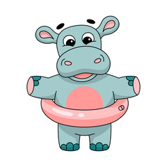 Color vector illustration of a cute hippo in a swimming circle