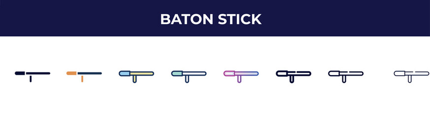 baton stick icon in 8 styles. line, filled, glyph, thin outline, colorful, stroke and gradient styles, baton stick vector sign. symbol, logo illustration. different style icons set.