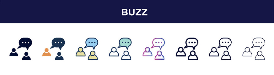 buzz icon in 8 styles. line, filled, glyph, thin outline, colorful, stroke and gradient styles, buzz vector sign. symbol, logo illustration. different style icons set.