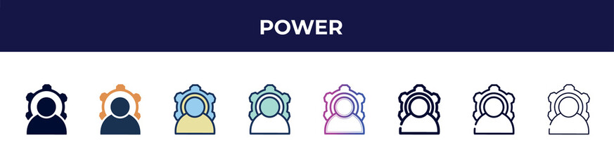 power icon in 8 styles. line, filled, glyph, thin outline, colorful, stroke and gradient styles, power vector sign. symbol, logo illustration. different style icons set.