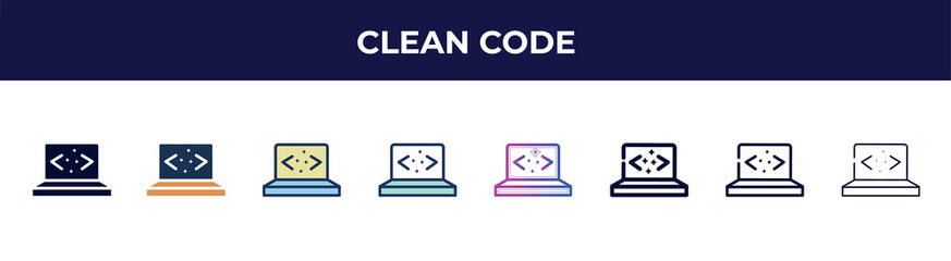 clean code icon in 8 styles. line, filled, glyph, thin outline, colorful, stroke and gradient styles, clean code vector sign. symbol, logo illustration. different style icons set.
