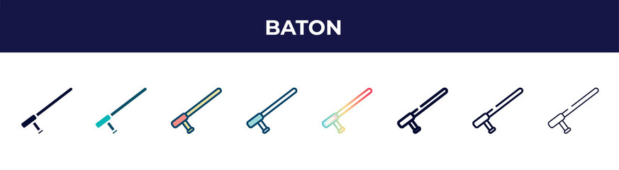baton icon in 8 styles. line, filled, glyph, thin outline, colorful, stroke and gradient styles, baton vector sign. symbol, logo illustration. different style icons set.