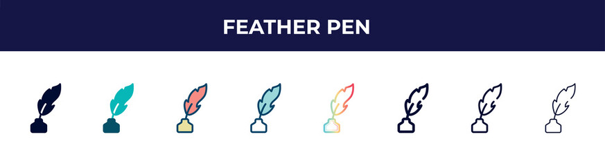 feather pen icon in 8 styles. line, filled, glyph, thin outline, colorful, stroke and gradient styles, feather pen vector sign. symbol, logo illustration. different style icons set.