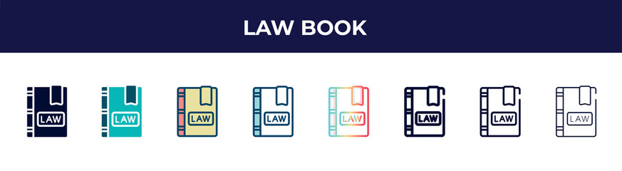 law book icon in 8 styles. line, filled, glyph, thin outline, colorful, stroke and gradient styles, law book vector sign. symbol, logo illustration. different style icons set.