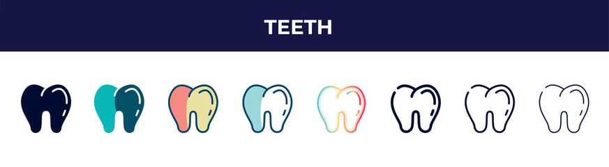 teeth icon in 8 styles. line, filled, glyph, thin outline, colorful, stroke and gradient styles, teeth vector sign. symbol, logo illustration. different style icons set.