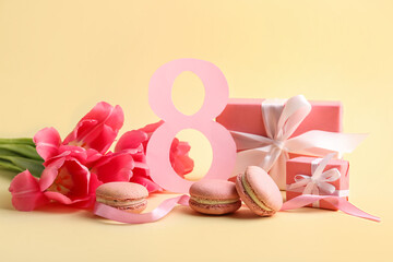 Composition with paper figure 8, macaroons, gifts and flowers for International Women's Day celebration on color background
