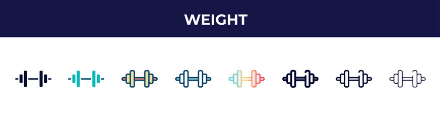 weight icon in 8 styles. line, filled, glyph, thin outline, colorful, stroke and gradient styles, weight vector sign. symbol, logo illustration. different style icons set.