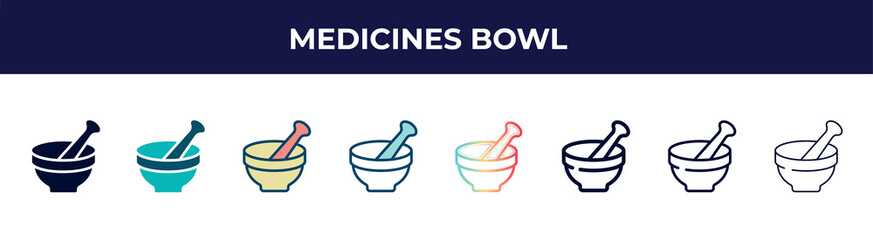 medicines bowl icon in 8 styles. line, filled, glyph, thin outline, colorful, stroke and gradient styles, medicines bowl vector sign. symbol, logo illustration. different style icons set.