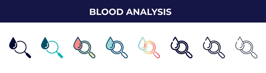 blood analysis icon in 8 styles. line, filled, glyph, thin outline, colorful, stroke and gradient styles, blood analysis vector sign. symbol, logo illustration. different style icons set.