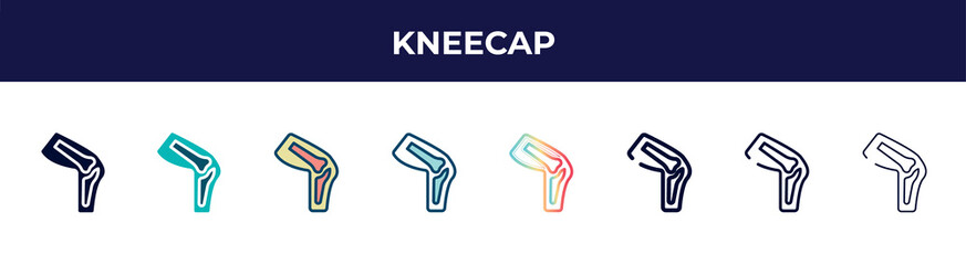 kneecap icon in 8 styles. line, filled, glyph, thin outline, colorful, stroke and gradient styles, kneecap vector sign. symbol, logo illustration. different style icons set.