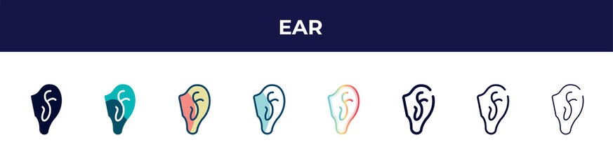ear icon in 8 styles. line, filled, glyph, thin outline, colorful, stroke and gradient styles, ear vector sign. symbol, logo illustration. different style icons set.