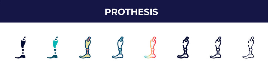 prothesis icon in 8 styles. line, filled, glyph, thin outline, colorful, stroke and gradient styles, prothesis vector sign. symbol, logo illustration. different style icons set.