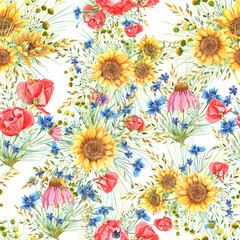 Fototapeta na wymiar Sunflowers summer seamless pattern. Wild flowers. Isolated elements on a white background. Hand painted in watercolor. 